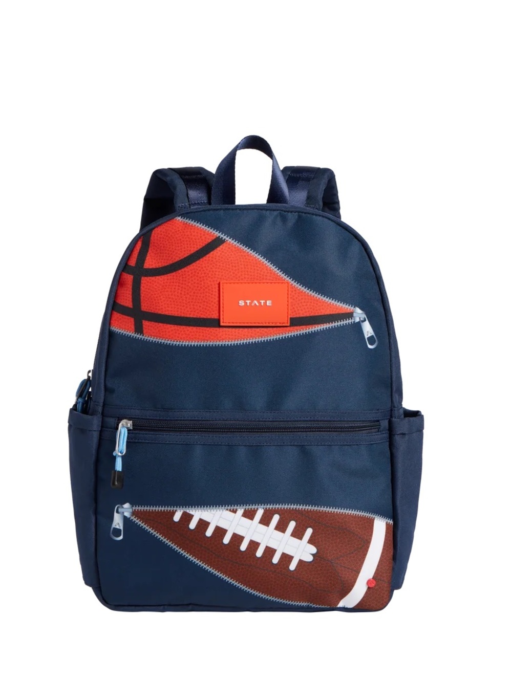 STATE Navy Backpack with Orange Basketball and Brown Football Graphics
